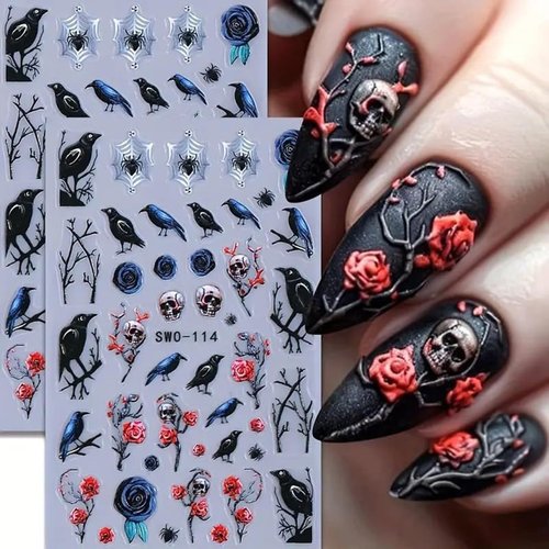 Halloween Nail Art Stickers Decals 2PCS 5D Embossed Skull Nail Art Decals Crow Spider Web Nails Supplies Branch Blue Red Flowers Skull Spider Designs Stickers Halloween Manicure Decorations for Women