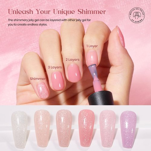 Beetles Jelly Gel Nail Polish Set 20 Colors Neutral Sheer Nude Pink Glitter White Color Soak Off UV Gel Kit with Nail Blooming Gel 15ml Clear Uv Led Blossom Gel Polish for Spreading Effect