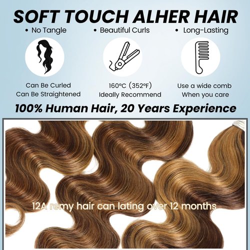 ALHER 4/27 Honey Blonde Highlight Body Wave Ombre Human Hair Bundle 16 Inch Brown Colored Bundles 12A 100% Brazilian Virgin Remy Human Hair Soft Wavy Weave 4/27 Highlight Color