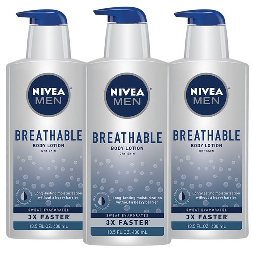 NIVEA MEN Breathable Body Lotion, 48 Hour Hydrating Lotion, 3 Pack of 13.5 Fl Oz Bottles