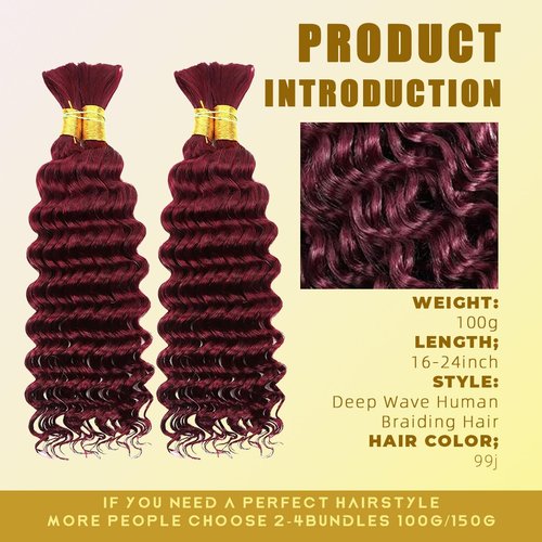 Human Braiding Hair for Boho Braids 16 Inch 110g 2 Bundles/Pack Deep Wave 12A Curly Brazilian Virgin Hair Extensions No Weft Knotless Bulk 1B Black (Deep Wave - 99j, 16 Inch - 110g)