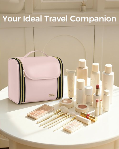 TBTOTRA Hanging Toiletry Bag, PU Leather Makeup Bag Large Capacity with Jewelry Organizer for Brushes Set, Cosmetic Accessories, Pink
