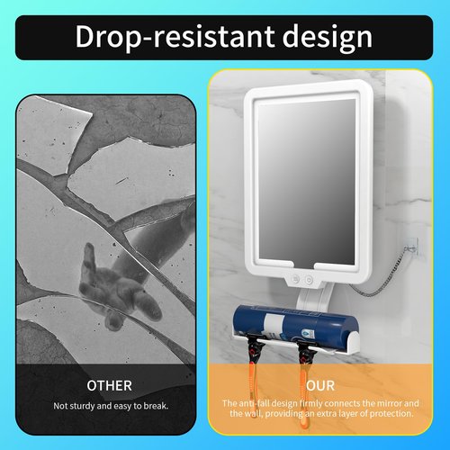Junyaoxuan Heated Anti-Fog Shower Mirror, LED Shaving Mirror Fogless with 3 Color Modes, 9.5x8 Inch Dimmable, Hanging Rechargeable, Wall Mountable, Modern Frameless Rectangular Shower Mirror