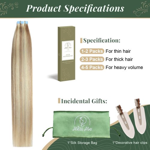Missme Tape in Hair Extensions Human Hair 16 inch 20 Pcs 40g #P18/613 Ash Blonde Tape ins Human Hair Extensions Remy Hair Skin Weft Seamless Invisible Silky Straight Thick Ends Add Length