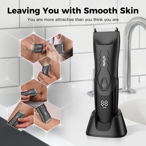 LEMULEGU Men Hair Trimmer with Dual-Blades,Electric Waterproof Body Grooming Shaver,Painless Quiet Hygiene Razor with Standing Charging Dock Black
