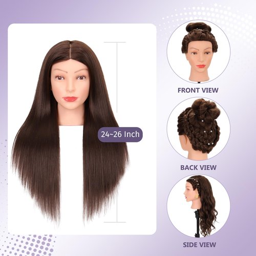 Mannequin Head Human Hair 80% Real Hair Cosmetology Mannequin Head for Braiding Styling Cutting 26-28” Doll Head with Clamp Tools (Brown)