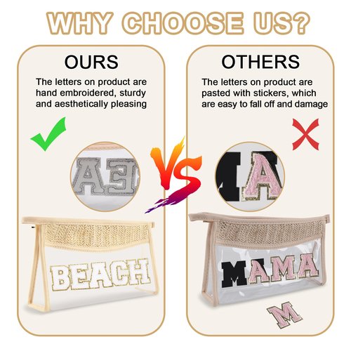 Iqimott 2Pcs Clear Patch Makeup Letter Bag, Boho Letter Bag for Beach Swim, Waterproof Zipper Make up Bags Toiletry Pouch for Women Girls, Clear Letters Patch Cosmetic Bags for Travel(Beach)
