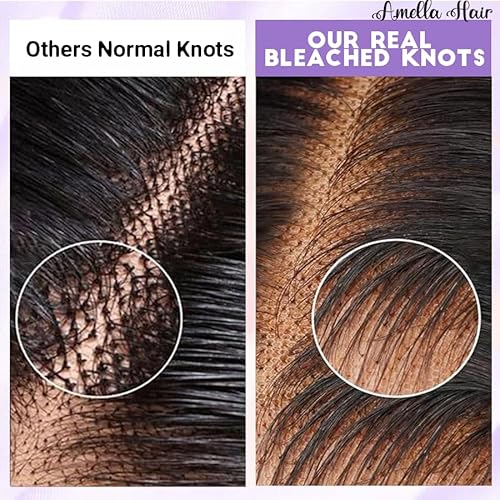 Amella Glueless Wigs Human Hair Pre Plucked Pre Cut Lace Glueless Wig Wear and Go 24 Inch 220% Density 13¡¿4 HD Lace Closure Wigs Human Hair 12A Straight Human Hair Wig Bleached Knots Natural Color