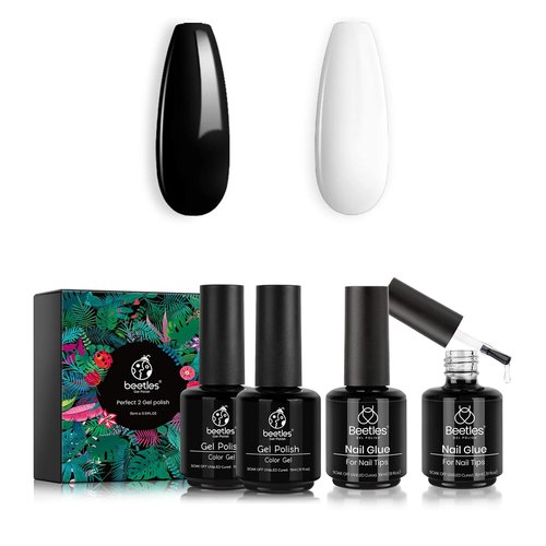 beetles Gel Polish Kit-2 Pcs 15ml Black White Colors Polish Set & 2 Pcs 15ml Super Strong 5 in 1 Nail Glue and Base Gel Kit for Acrylic Nails, False Nails Tips and Gel Nail Polish Nail Lamp Needed