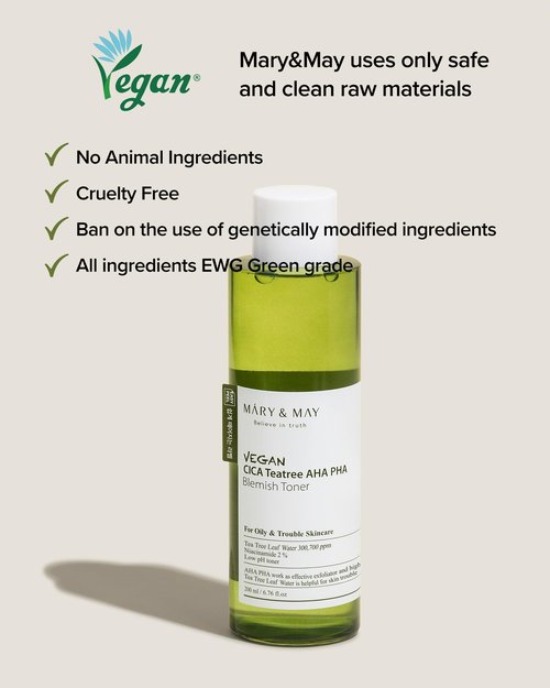Mary&May Vegan CICA Tea Tree AHA PHA Blemish Toner - Oil Control and Skin Soothing Exfoliating Face Toner - Protects Skin Barrier, for Clear and Healthy Skin, 6.76 fl.oz.