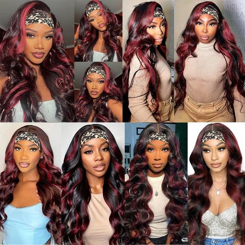 YiweYowe 22 Inch P1B99J Highlight Headband Wig Human Hair 150% Density Grade 8A Unprocessed Brazilian Virgin Hairs Machine Made Burgundy Body Wave Headband Wig Human Hair For Woman
