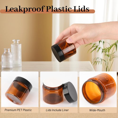 AuroTrends 2oz Amber Plastic Jars with Lids 24Pack, Small Salve Containers Ideal for Creams, Candles, Accessories and DIY Lotions, White Stickers and Spatula Included (60ml, Set of 24）