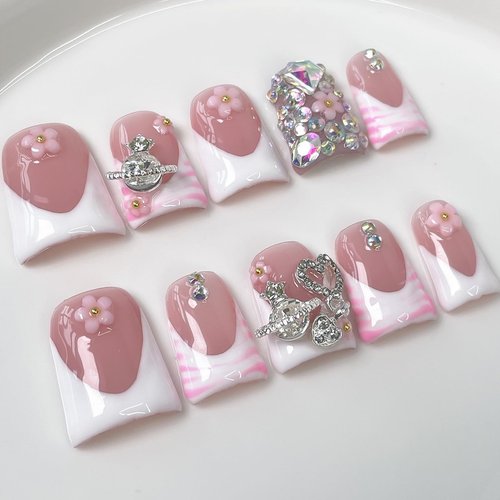 Luxury Press on Nails Short Duck Handmade 3D Unique Reusable ABS Material Fake Nails White French Tip False Nails with Designs Pink Flower Rhinestones Glossy Glue on Nail Thick Acrylic Nail(S)