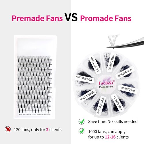 FADLASH 1000 Fans 10D Premade Volume Eyelash Extensions Mixed Tray Premade Fans Eyelash Extensions D Curl Premade Lash Fans Pointed Handmade Promade Loose Fans Thin Base (10D-0.07D,9-16mm)