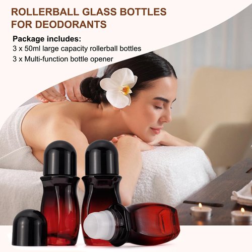 JIUWU 3-Pack 50ML Glass Deodorant Roller Bottles, Empty Refillable Roll On Bottles with Roller Ball Applicator for Essential Oils, Reusable Roller Containers for DIY, Care, Young Living