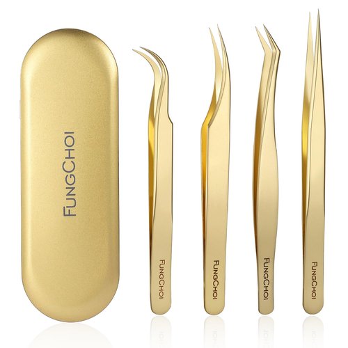 FungChoi 4-Piece High Precision Eyelash Extension Tweezers Set, Straight and Curved Lash Tweezers for Extensions, Volume Lash Tweezers for Crafting, with Iron Box Packaging