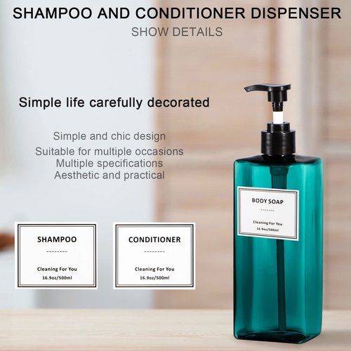 Plastic Shampoo and Conditioner Dispenser, Yeeco Refillable Pump Bottles Blue Shampoo Dispenser 16.9oz/500ml Shampoo Bottles with Pump 3 Packs for Bathroom, Kitchen, Hotel - Lake Blue
