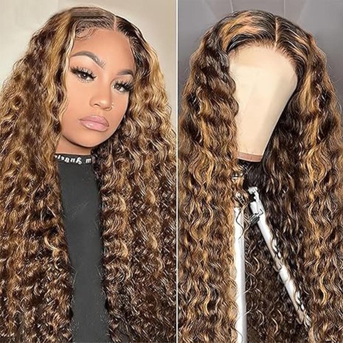 Highlight Wig 16 Inch P4/27 Deep Wave Human Hair Wig Blonde 200% Density Lace Front Wigs 4x4 Lace Closure Wigs Glueless with Baby Hair Human Hair Pre Plucked For Black Women