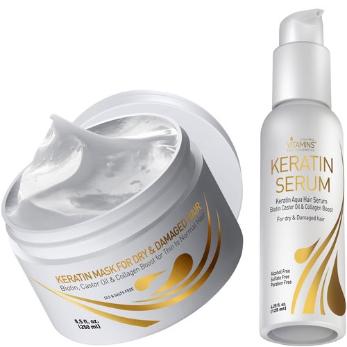 Vitamins Keratin Hair Treatment Kit - Deep Conditioner Mask and Weightless Anti-Frizz Serum for Dry, Damaged, Color-Treated Fine Hair