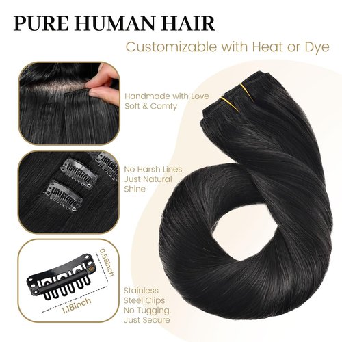 Jiameisi Clip in Hair Extensions Real Human Hair, 14inch Remy Human Hair Extensions Double Weft 70g 7pcs, Natural Straight Hair Clip ins for Women, Ideal for Daily, Party, Wedding Looks #1 Jet Black