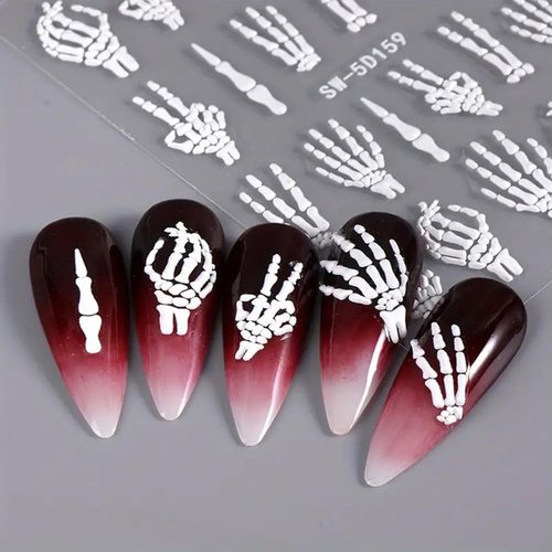 2Pcs Halloween Nail Art Stickers Skull Nail Decals 5D Embossed with Fantasy Bone Skeleton Design Nail Stickers White Hand Finger Bones Nail Art Supplies Adhesive Nail Stickers for Nail Art for Women