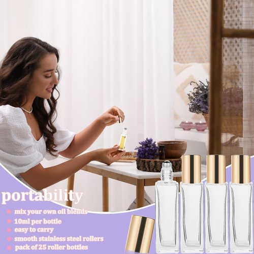 Hzmssore 25 Pcs 10 ml Roller Bottles for Essential Oils, Square Thick Empty Glass Roller Bottles with Stainless Steel Roller Balls Protection Leakproof with 2 Funnel for Travel, Gold