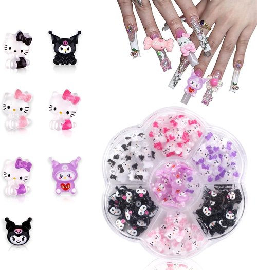 70Pcs for Kitty San-Rio Cute Nail Charm Kawaii Nail Charm Skateboard Nail Charm Flat Background Resin Charm 70 3D Nail Charm Nail Decoration Products for Halloween Decoration (Cute Nail Charm)
