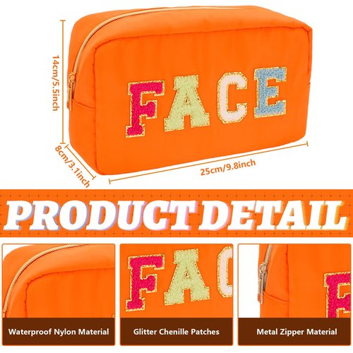 Whaline 4Pcs Preppy Nylon Cosmetic Bag Chenille Letter Makeup Organizer Bag Set Patches Toiletry Cosmetic Case Waterproof Zipper Cosmetic Pouch for Women (Neon Color,Skin,Stuff,Hair,Face)