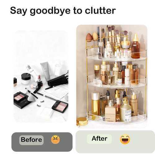 FELIZHOUSE 3-Tier Makeup Organizer for Vanity & Bathroom Countertop – Acrylic Storage Shelf with Perfume Tray & Makeup Brush Holder, Tool-Free Installation, Design for Bathroom & Dresser - Clear