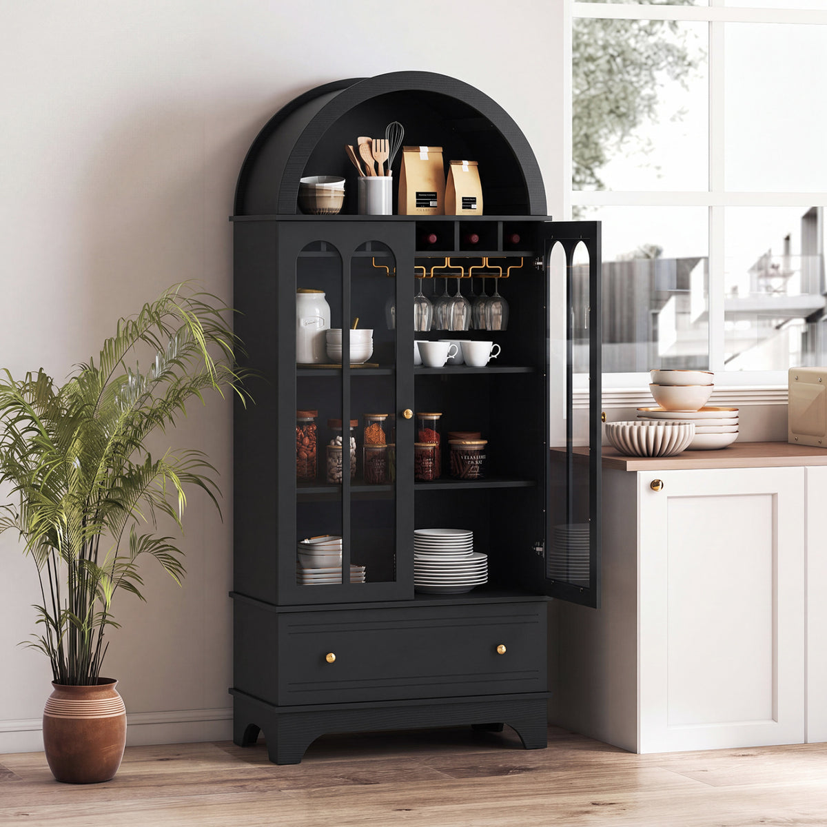 71.5" Arched Glass Door Cabinet with Wine Rack - Black