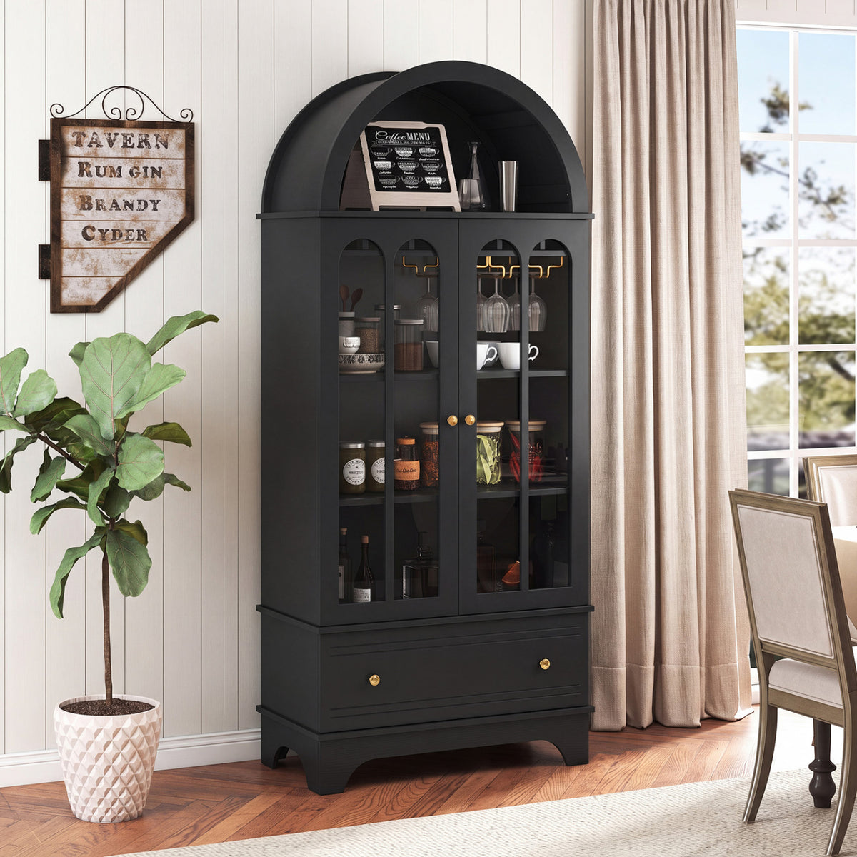 71.5" Arched Glass Door Cabinet with Wine Rack - Black