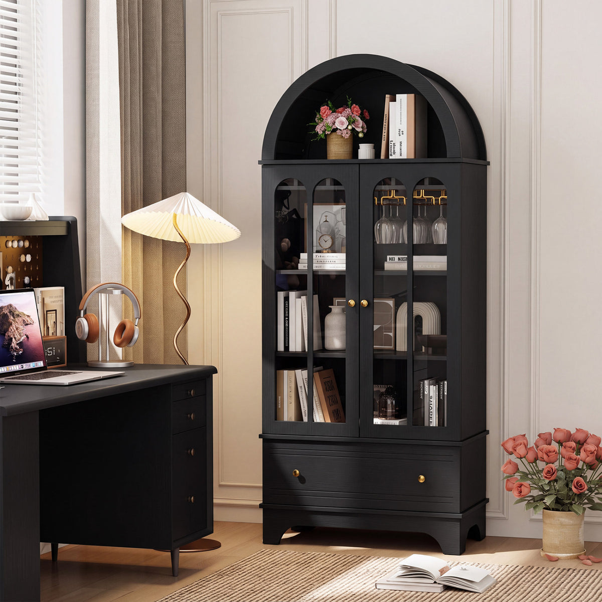 71.5" Arched Glass Door Cabinet with Wine Rack - Black