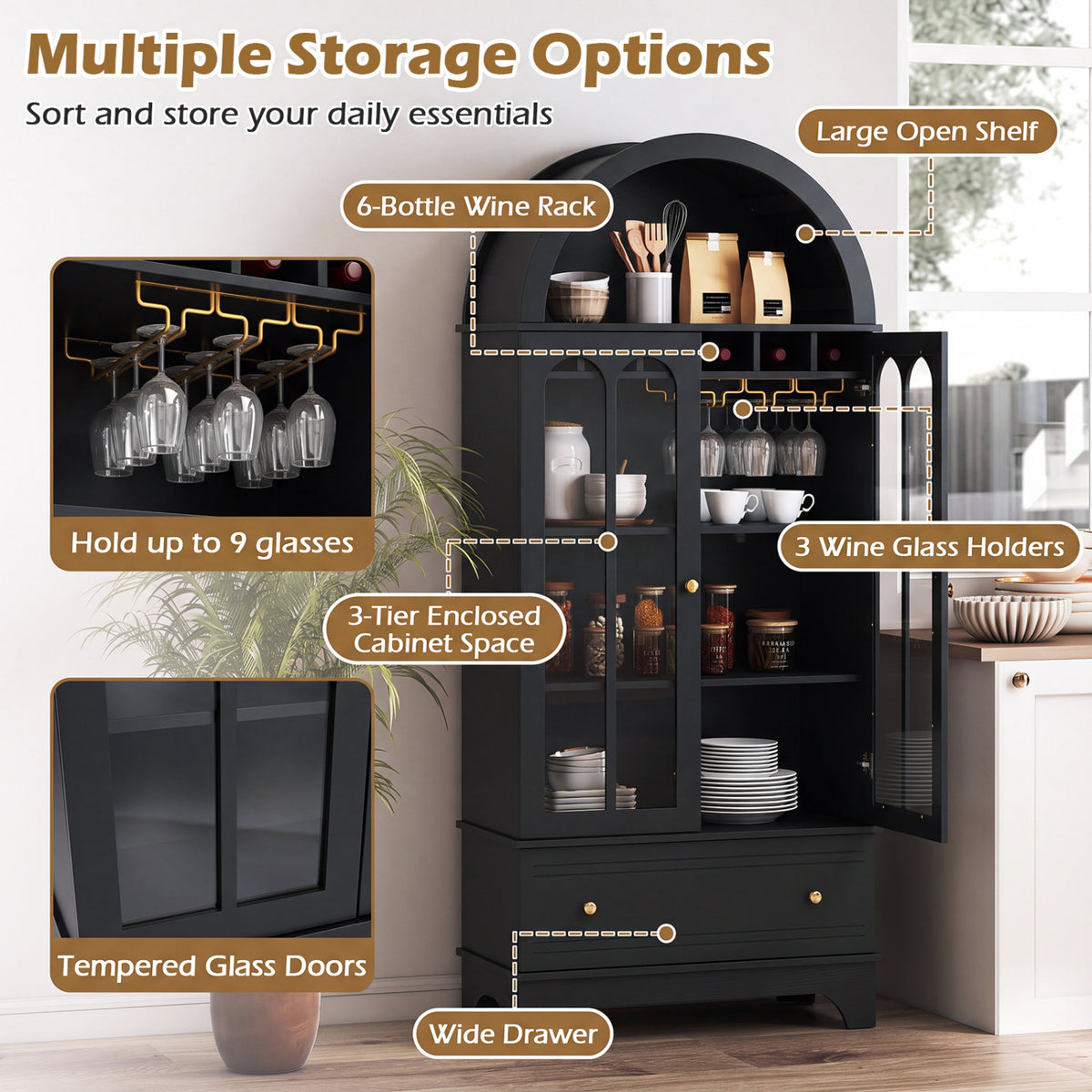 71.5" Arched Glass Door Cabinet with Wine Rack - Black