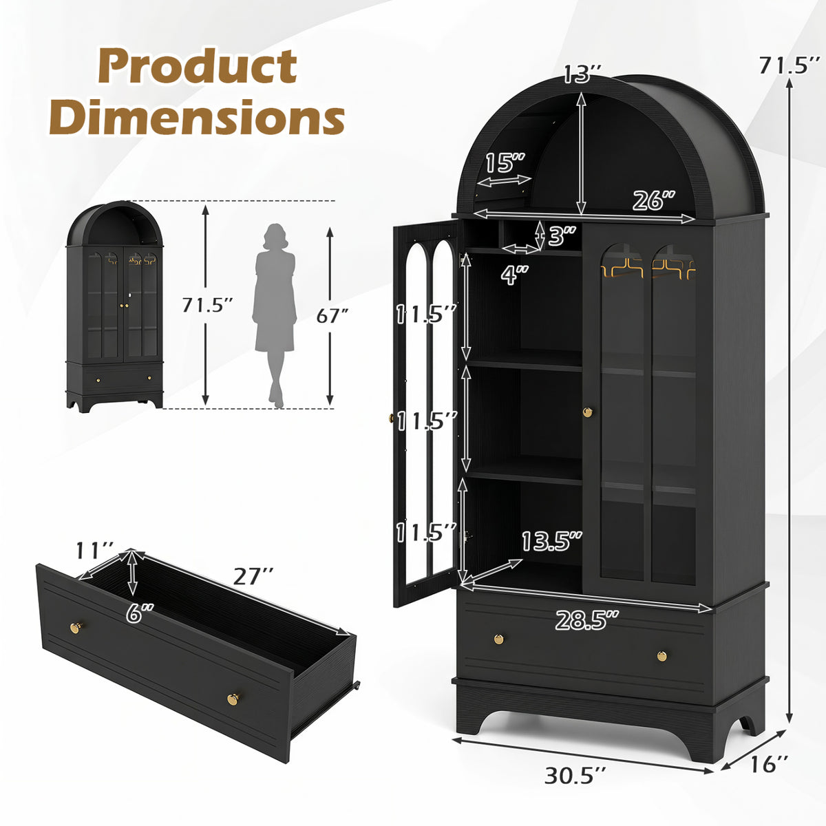 71.5" Arched Glass Door Cabinet with Wine Rack - Black