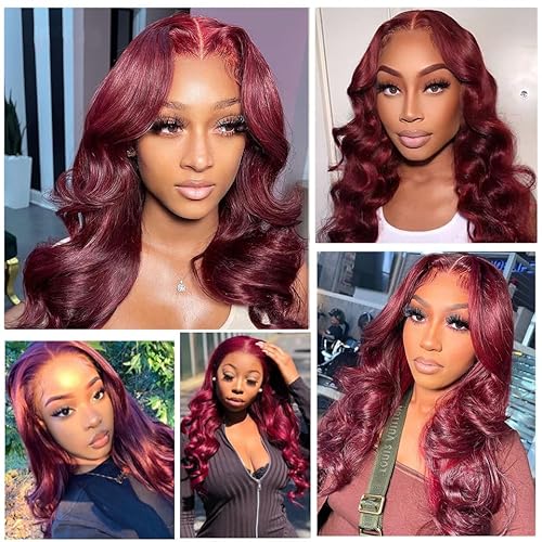 Burgundy Body Wave Lace Front Wigs Human Hair 200% Density Hd Transparent 13x4 99j Glueless Frontal Wig Pre Plucked with Baby Hair 24 Inch Wine Red Wigs for Women Brazilian Virgin Hair Colored Wig