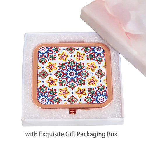 PDOZV Purse Mirror Compact, Rosegold Square 2.8”×2.8” Metal Frame DropRubber Style Double Sided 1X/2X Small Mirror for Purse (Ethinc01)