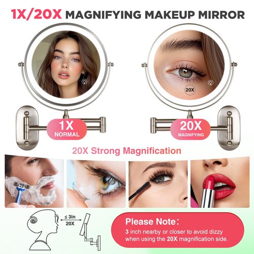 VORREMIRR 20X Magnifying Mirror with Light: 8.5 Inch Lighted Makeup Mirror, Wall Mount, 360 Rotation, Touch Screen, Rechargeable, Brushed Nickel