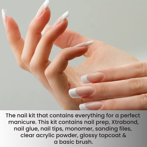 Mia Secret Acrylic Nail Kit: 1/2 oz liquid monomer, 1/2 oz clear acrylic powder, ultra quick nail glue, 1/2 oz ultra gloss top coat, fancy 20 nail tips, 1/2 oz primer, speedy zebra straight nail file 100/100, #8 nail brush and emery block