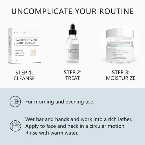 Asterwood Hyaluronic Acid Serum 2 oz, Hyaluronic Acid Moisturizer 1.7 oz, & Hyaluronic Acid Face Bar 3.5 oz