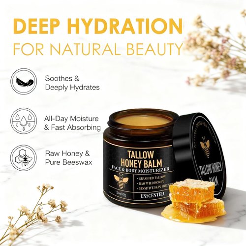 SPVMGRK 2 Packs Beef Tallow for Skin, Tallow and Honey Balm for Face, Organic Grass-Fed Beef Tallow Balm with Raw Wild Honey, Body & Face Moisturizer, Natural Formula (Citrus)