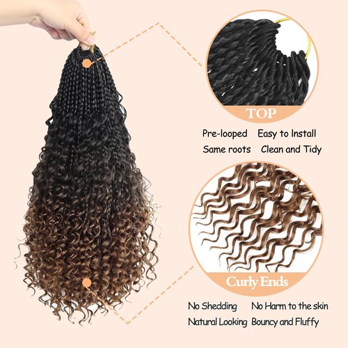 Boho Box Braids Crochet Hair 16 Inch Goddess Braids Crochet Hair Pre Looped Boho Crochet Braids with Curly Ends, Bohemian Box Crochet Braids for Black Women Knotless Synthetic Hair Extensions(1B-4-30)