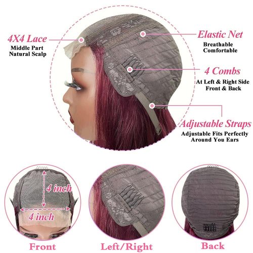 Jinhongze Burgundy Bob Wig - 4x4 Lace Front Bob Wig for Black Women - Glueless & Pre-Plucked - 150% Straight - 10 Inch