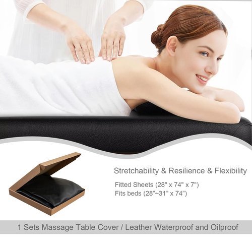 KAKU HOME Massage Table Cover Protector Vinyl Leather Spa Bed Covers - Fits Beds 28-31" Wide, Lash Bed Sheets Fitted Sheet, Waterproof & Oilproof & Reusable & Elastic (Black)