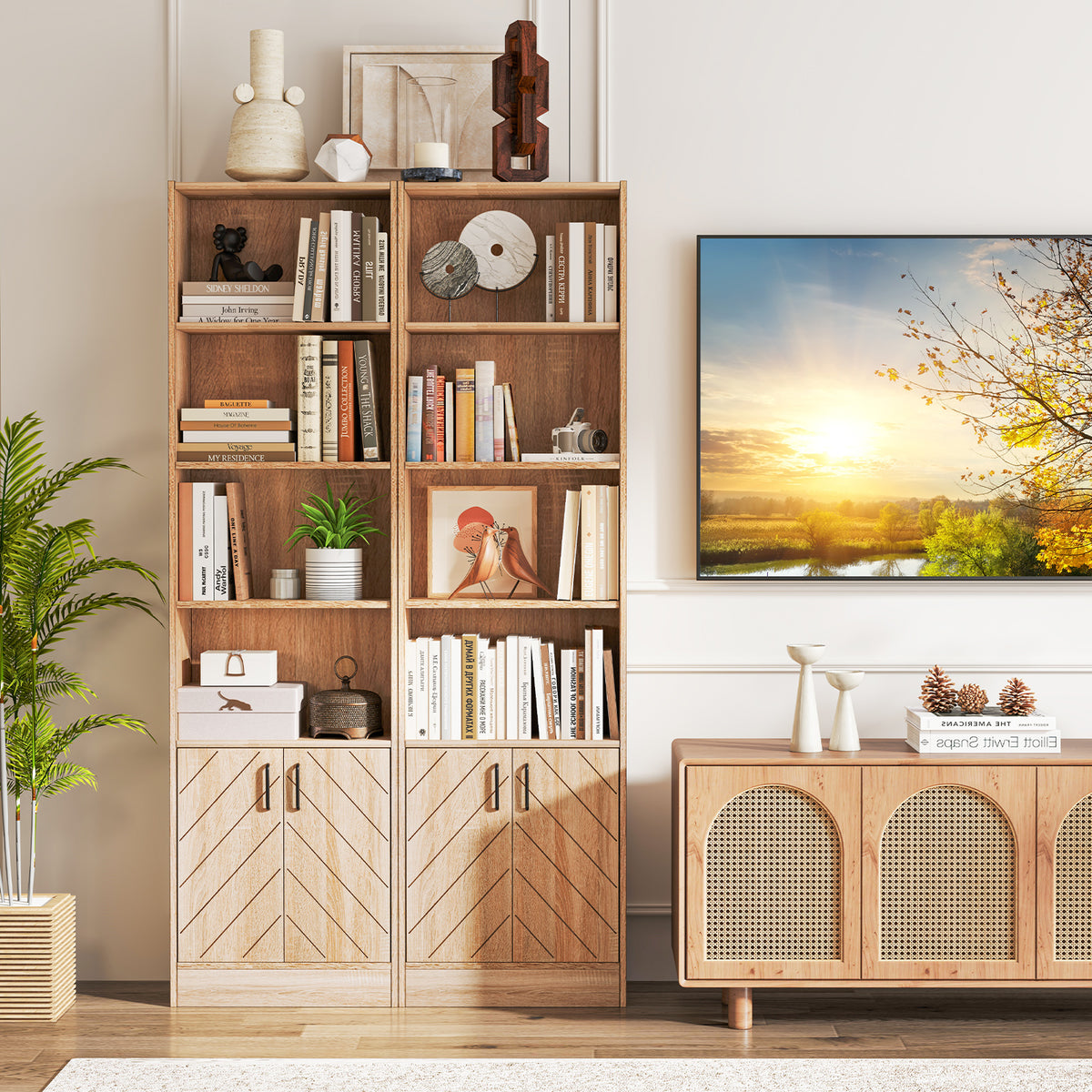 71 Inch 6-Tier Tall Bookshelf with Double Doors 4 Open Cubes
