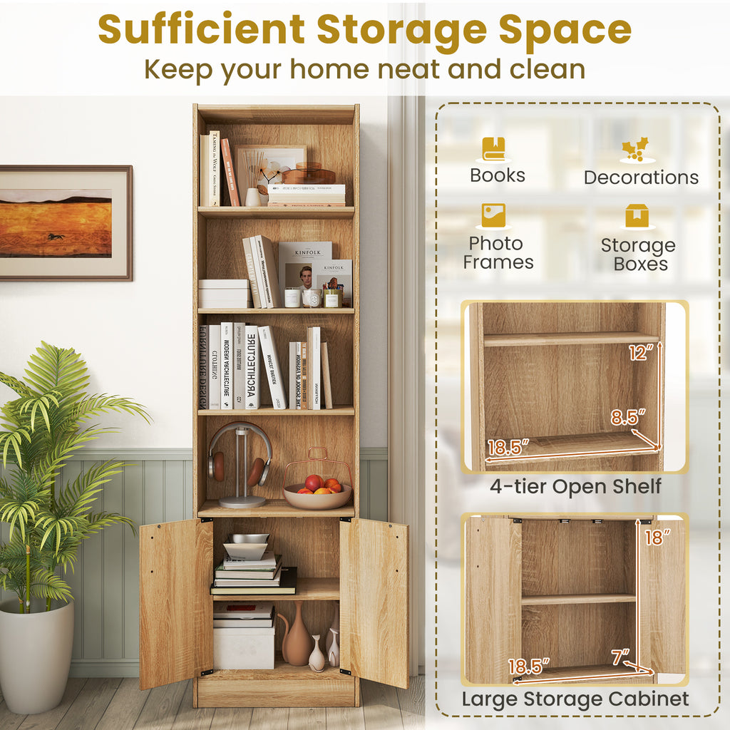 71 Inch 6-Tier Tall Bookshelf with Double Doors 4 Open Cubes