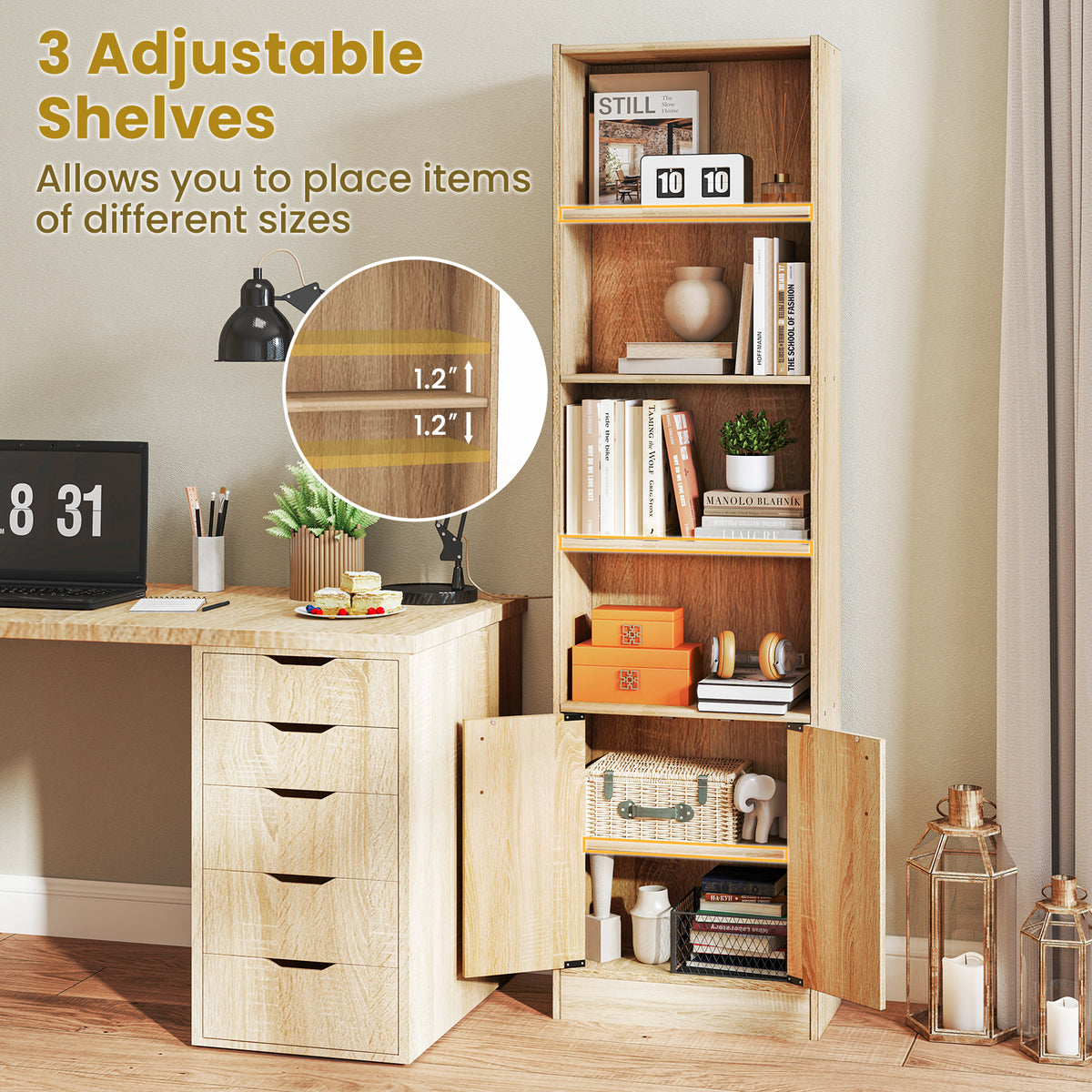 71 Inch 6-Tier Tall Bookshelf with Double Doors 4 Open Cubes