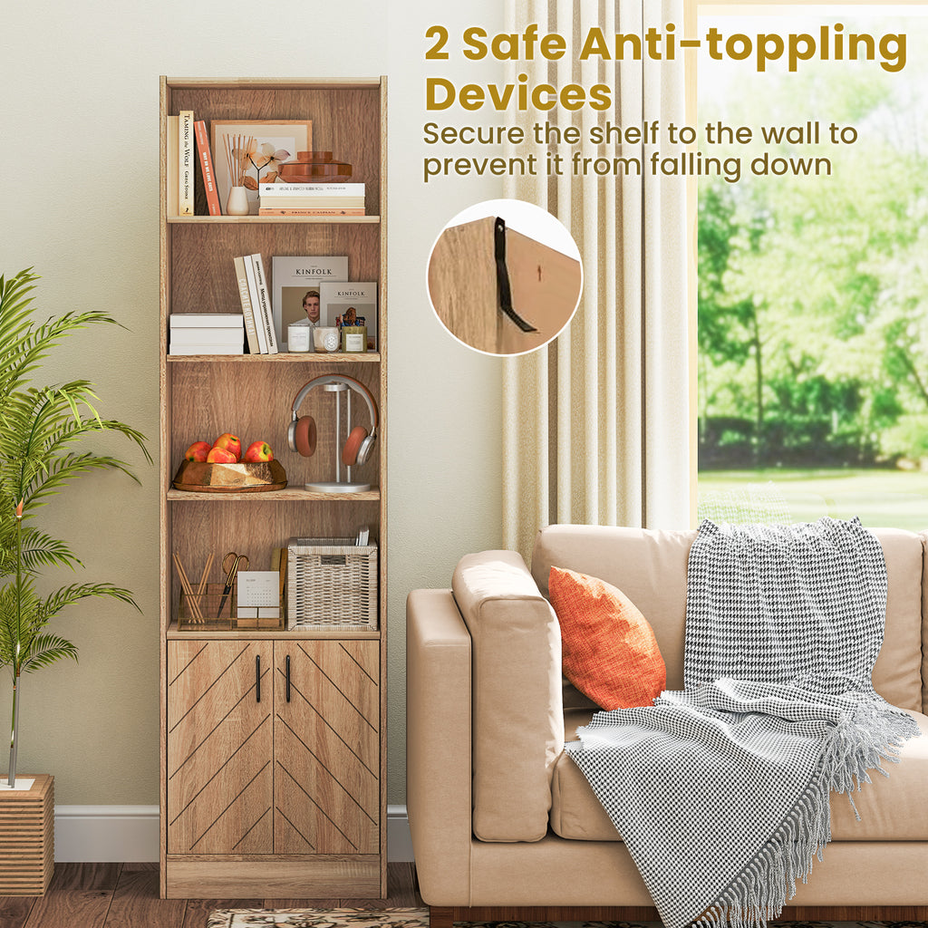 71 Inch 6-Tier Tall Bookshelf with Double Doors 4 Open Cubes