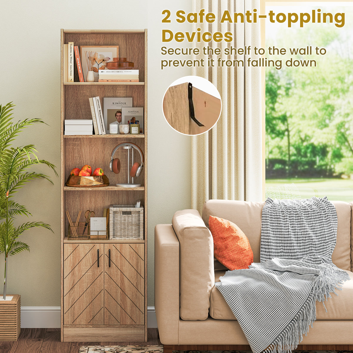 71 Inch 6-Tier Tall Bookshelf with Double Doors 4 Open Cubes
