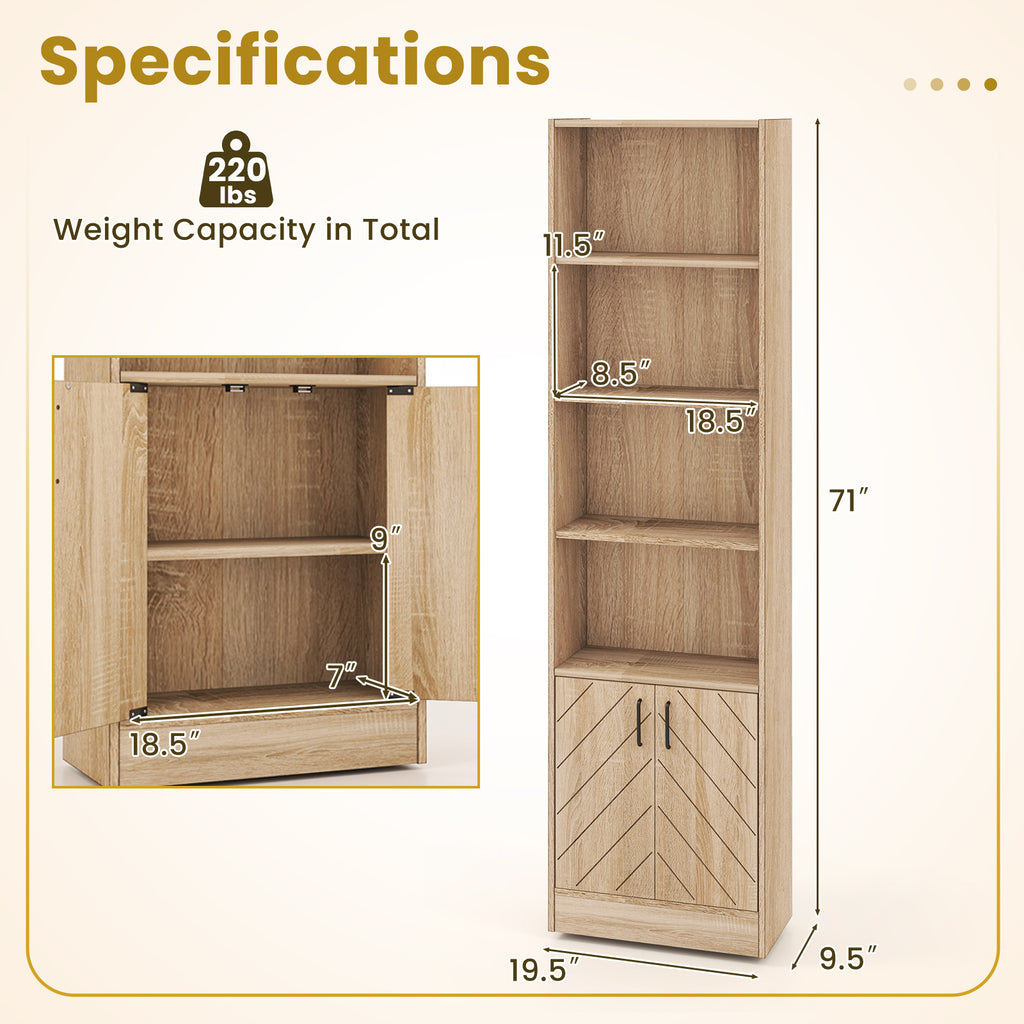 71 Inch 6-Tier Tall Bookshelf with Double Doors 4 Open Cubes