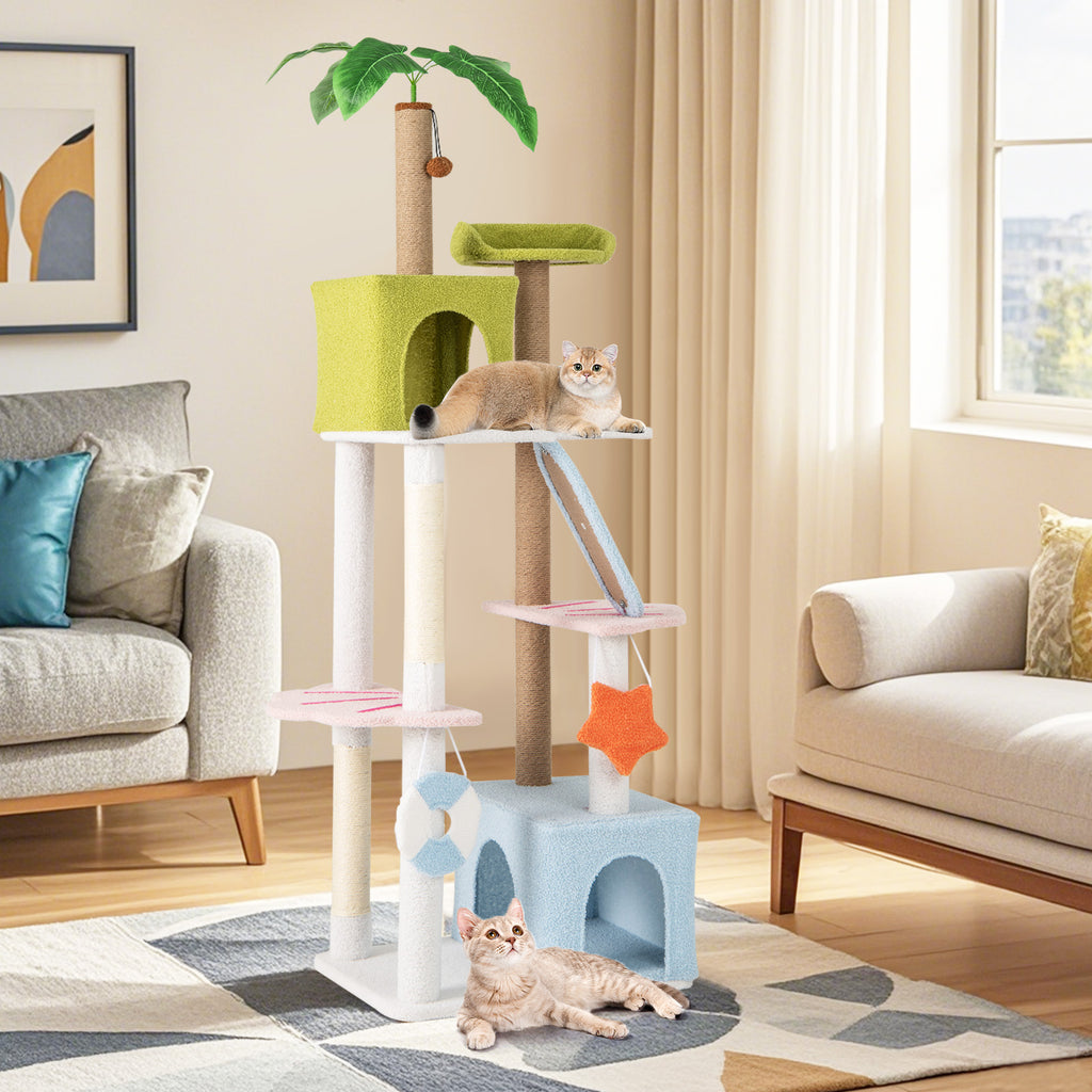71 Inch Cat Tree Multi-Level Beach-Themed Kitten Tower - Multicolor Variation